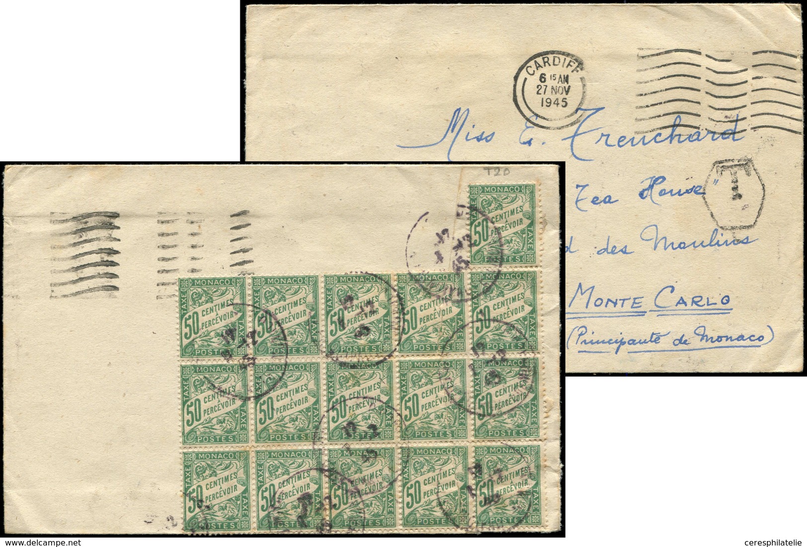 Let MONACO Taxe 20 : 50c. Vert, BLOC De 16 (3 Ex. Défx) Obl. MONTE-CARLO 1/12/43 Au Dos D'une Env. De Cardiff Non Affie, - Postage Due