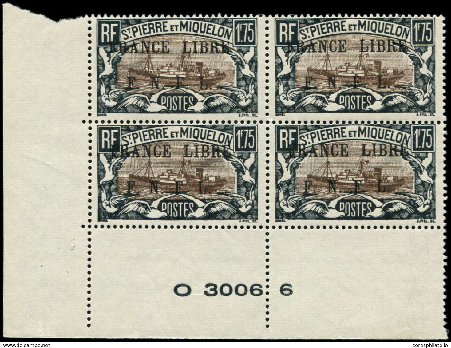 ** SAINT PIERRE ET MIQUELON 242 : 1f75 Noir Et Brun, FRANCE LIBRE, BLOC De 4 Cdf Avec N°, TTB - Used Stamps