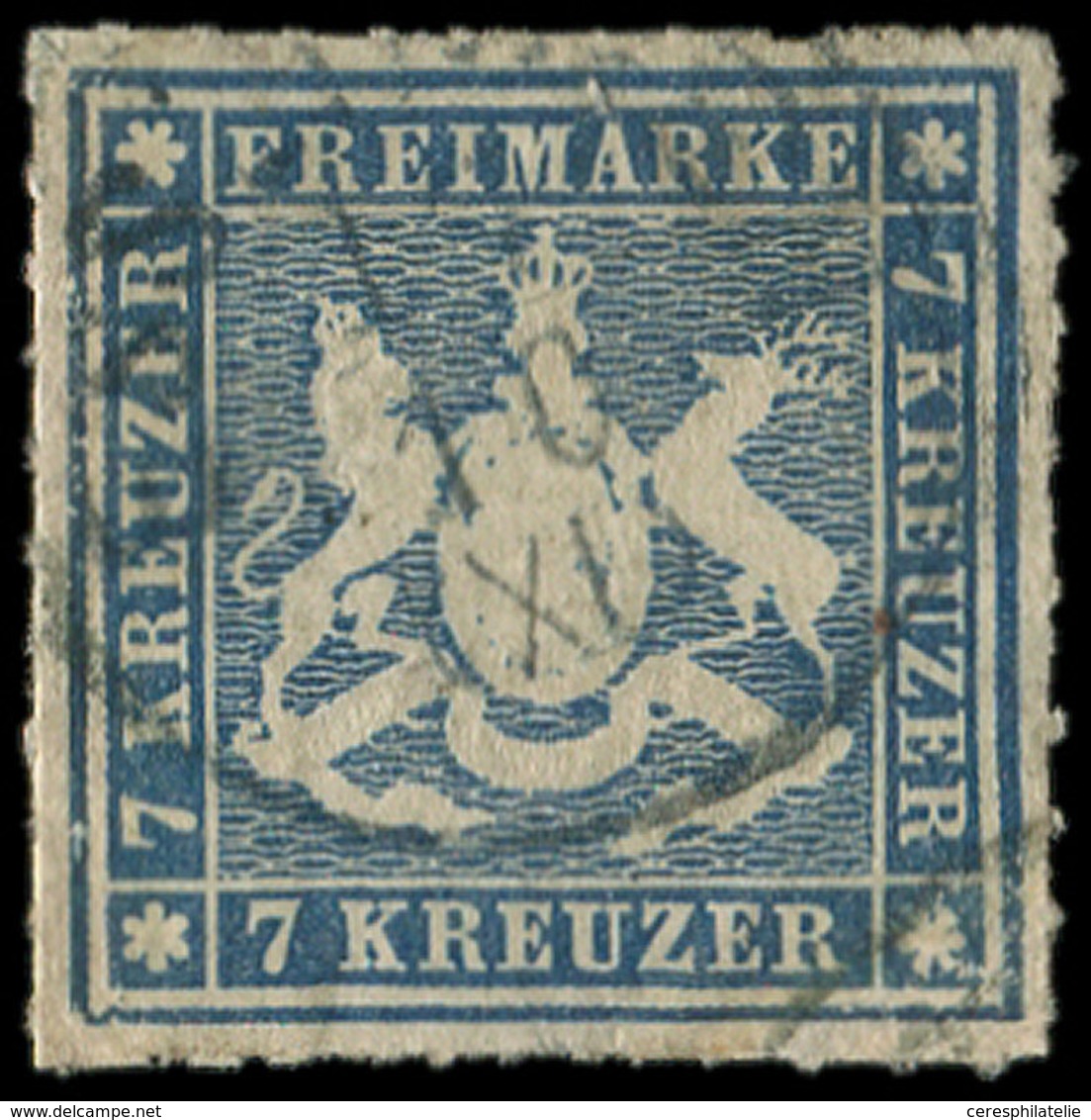 ALLEMAGNE (ANCIENS ETATS) WURTEMBERG 33 : 7k. Bleu, Obl., Percé En Lignes, TB - Other & Unclassified