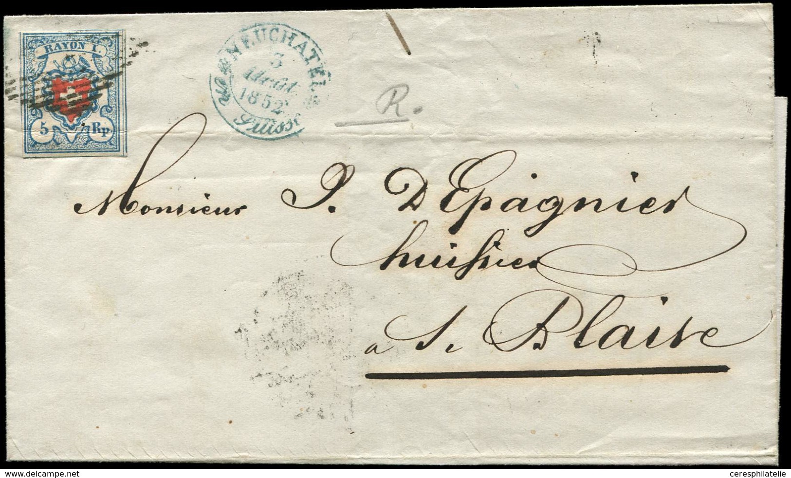 Let SUISSE 20 : 5Rp. Bleu Et Rouge Obl. Càd Neuchâtel 3/8/1852 S. LSC, Arr. St Blaise Le 4/8/52, TB - 1843-1852 Timbres Cantonaux Et  Fédéraux