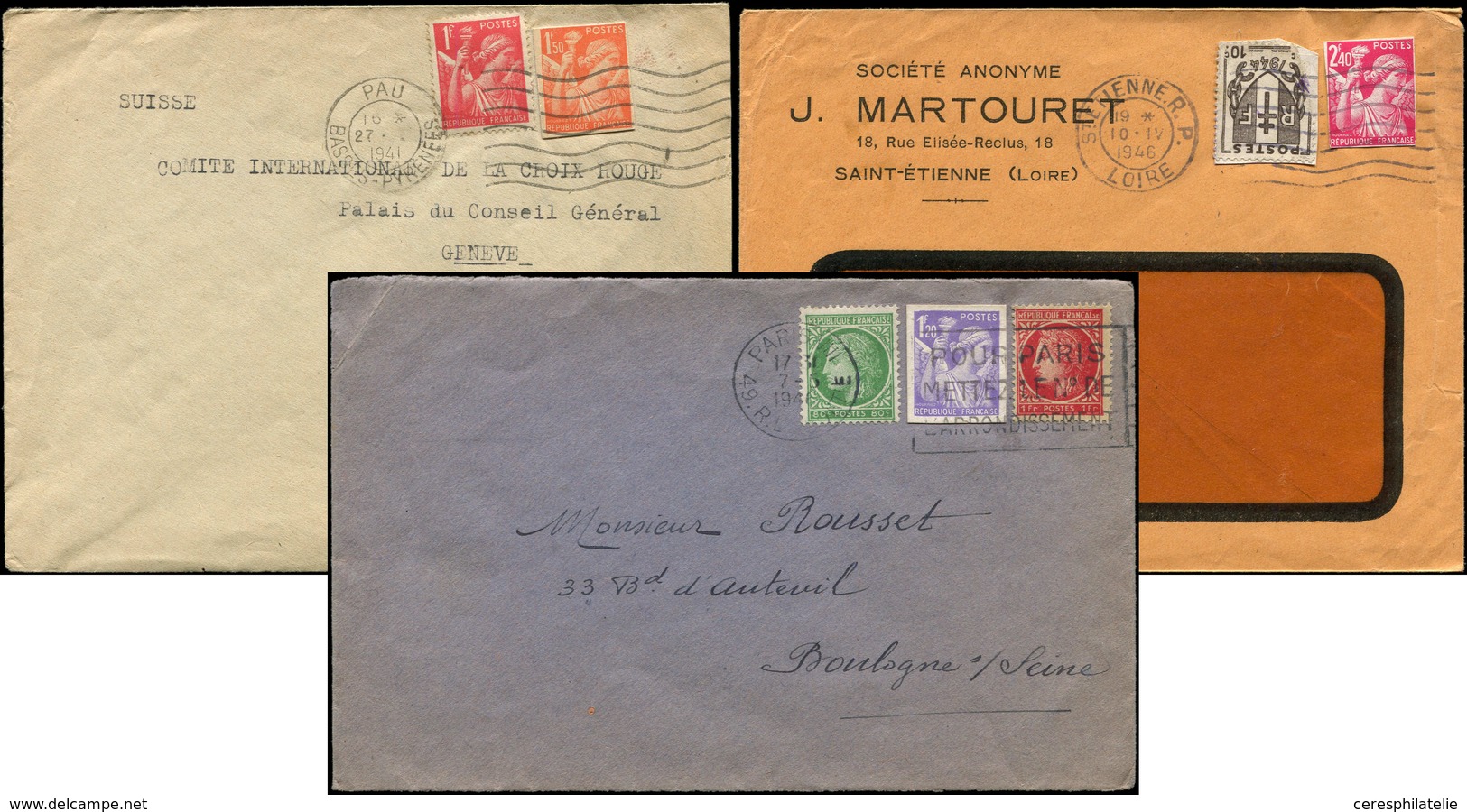 Let 3 Env. Affies Frauduleusement Avec Découpes D'Entiers Au Type Iris, 1941-46, TB - Colecciones (en álbumes)