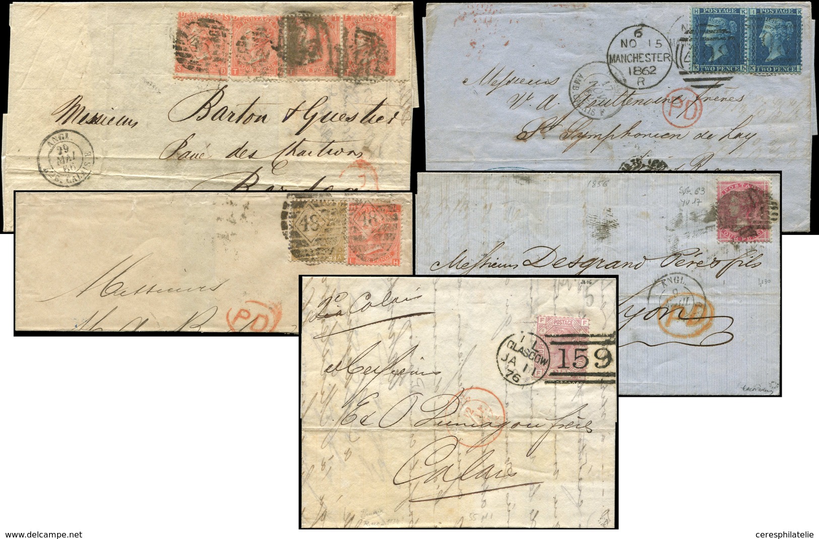 Let Grande Bretagne, 5 Lettres Classiques, Période 1856/76, Affrt N°17a, 27, 30, 32, 55, Bon Lot TB - Covers & Documents