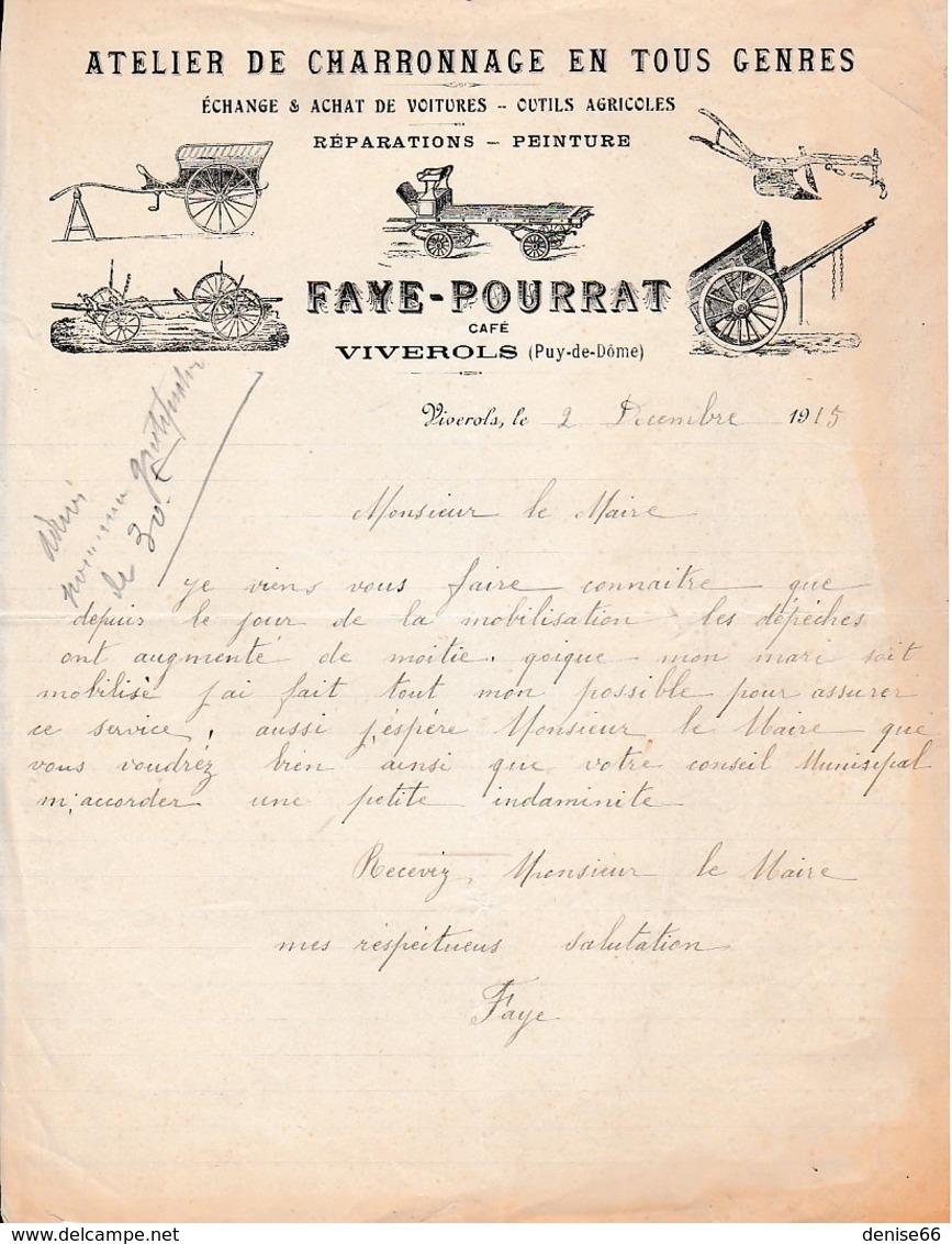 1915 - VIVEROLS - Lettre De Mme FAYE Ayant Son Mari Mobilisé - Demande D'indemnité - Documents Historiques