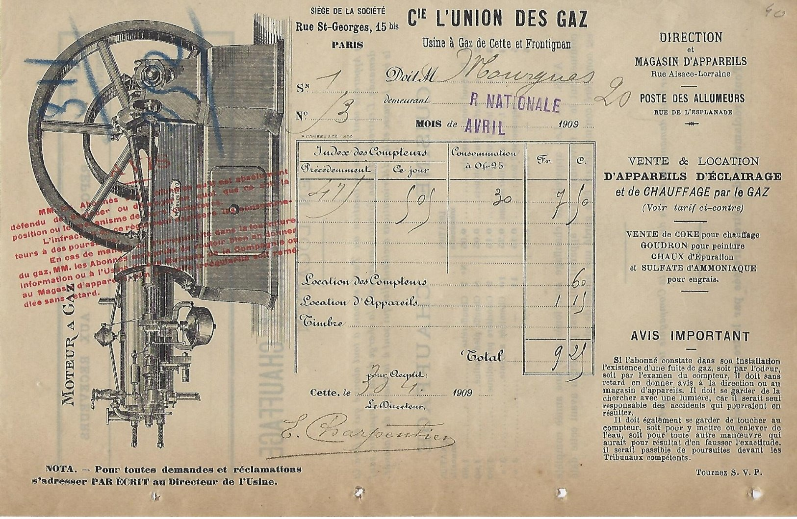 Facture-usine à Gaz De Cette Et Frontignan-1909 - Electricité & Gaz