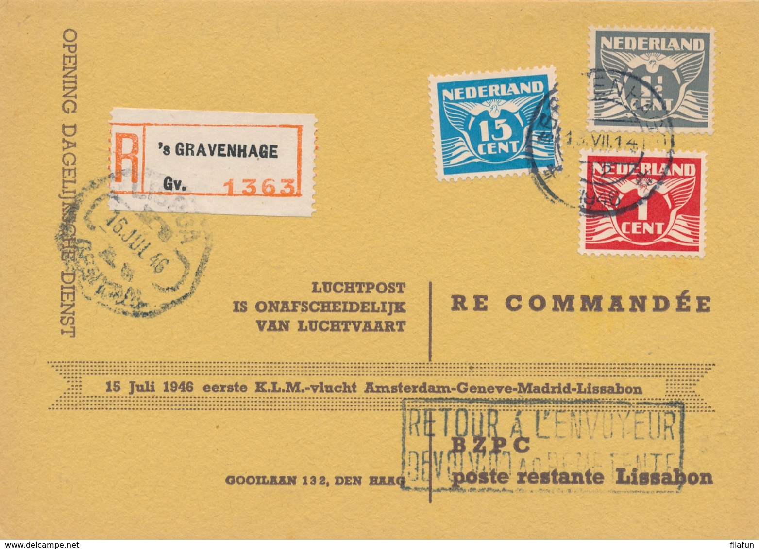 Nederland / Portugal - 1946 - 1, 1,5 & 15 Cent Vliegende Duif Tricolore Op R-card, First Flight Amsterdam - Lisboa - Luftpost