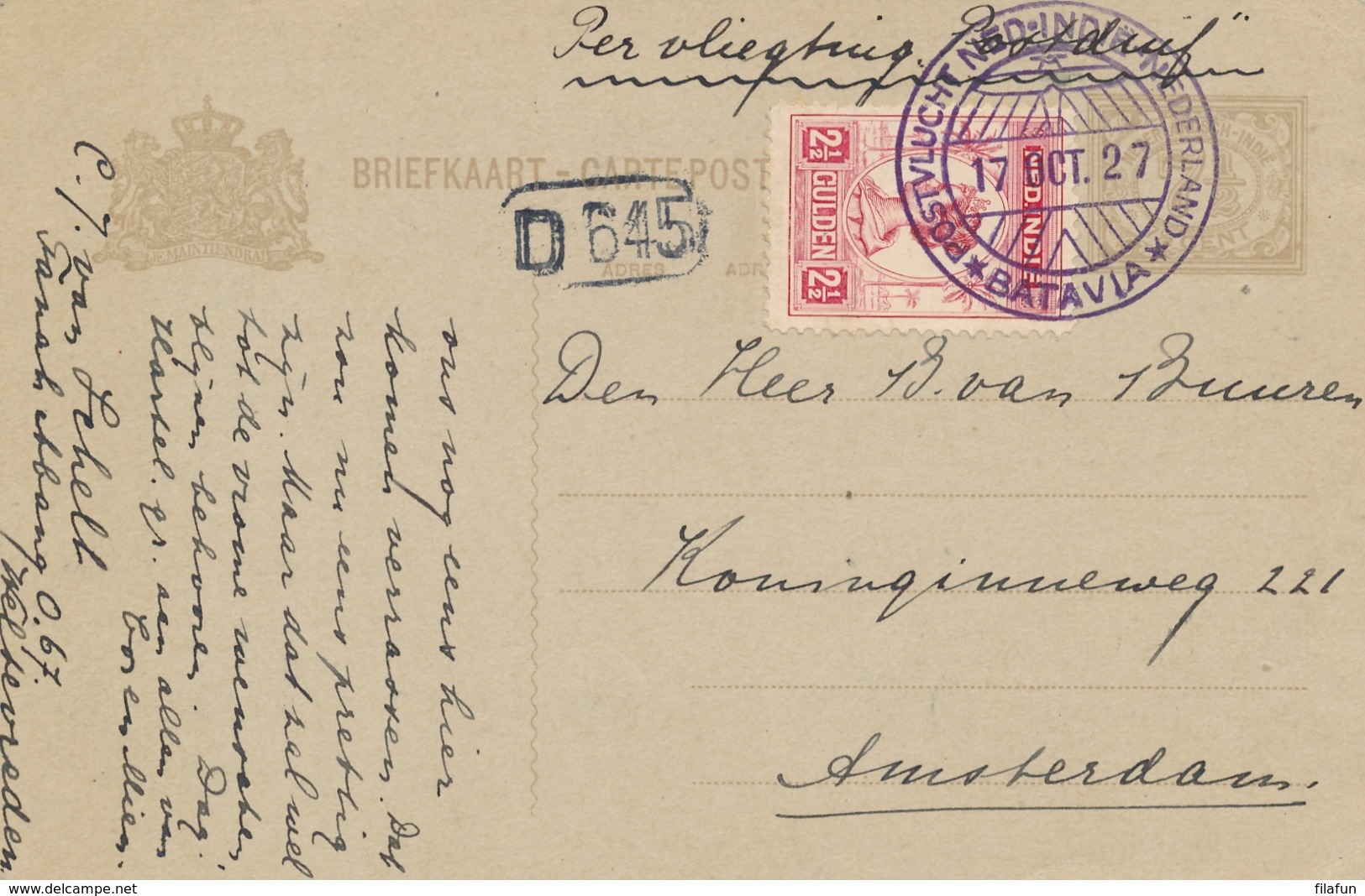 Nederlands Indië / Nederland - 1927 - Fl. 2,50 Wilhelmina Op Briefkaart G35 Van Batavia - Koppenvlucht Naar Amsterdam - Nederlands-Indië