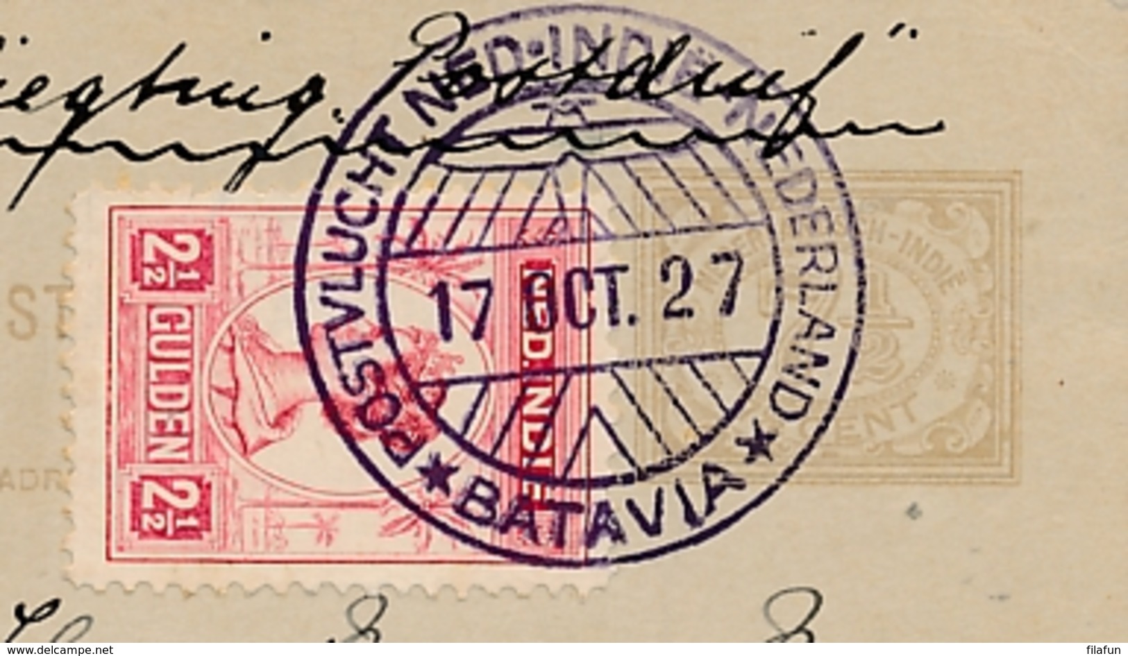 Nederlands Indië / Nederland - 1927 - Fl. 2,50 Wilhelmina Op Briefkaart G35 Van Batavia - Koppenvlucht Naar Amsterdam - Nederlands-Indië
