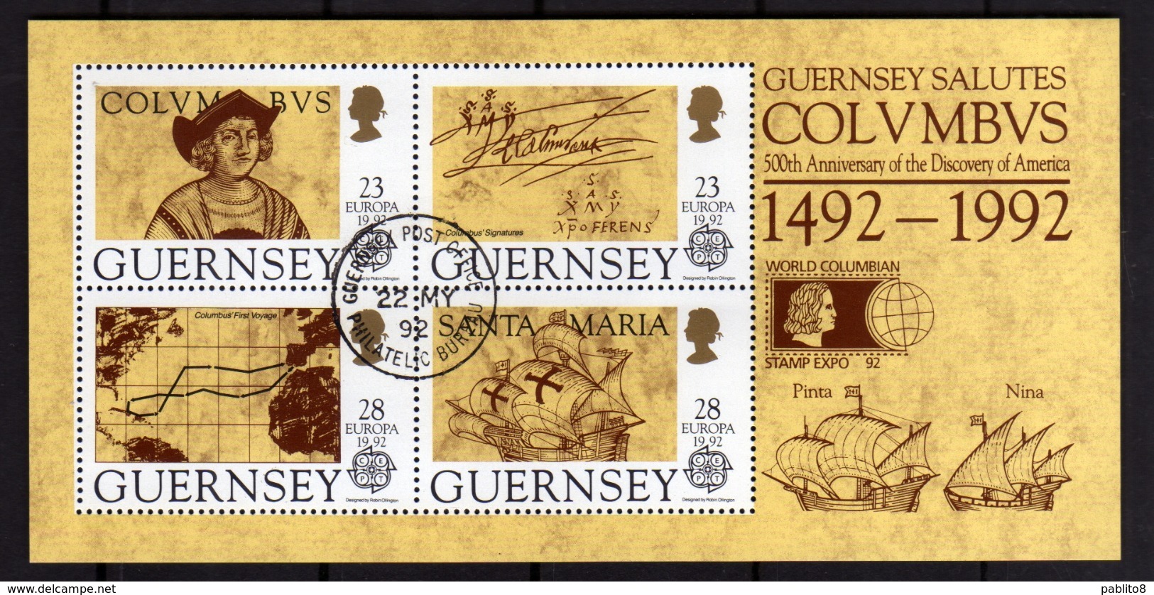 GUERNSEY GUERNESEY 1992 EUROPA CEPT COLUMBUS COLOMBO AMERICA DISCOVERY SCOPERTA AMERICA BLOCK SHEET BLOCCO FOGLIETTO FDC - Guernesey