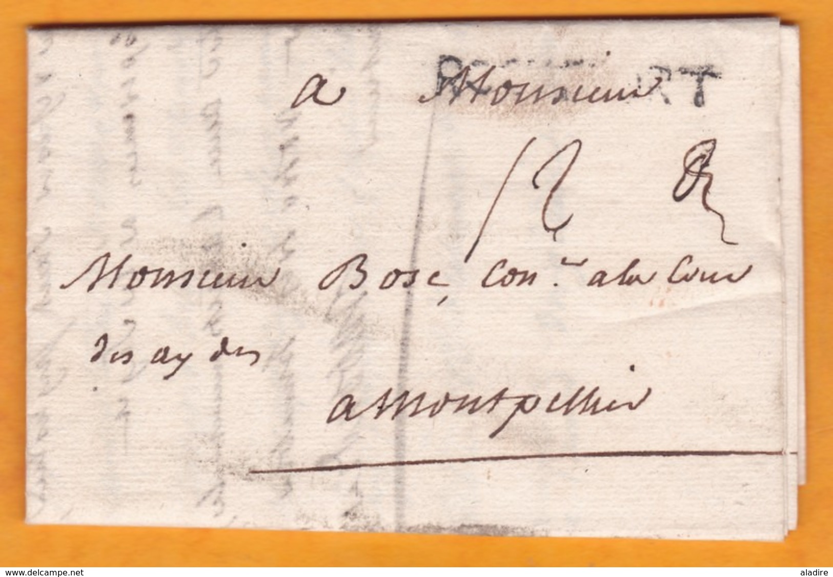 1739 - Marque Postale ROCHEFORT, Charente Inférieure Sur Lettre Pliée Avec Corresp 3 P Vers Montpellier, Hérault - 1701-1800: Precursors XVIII