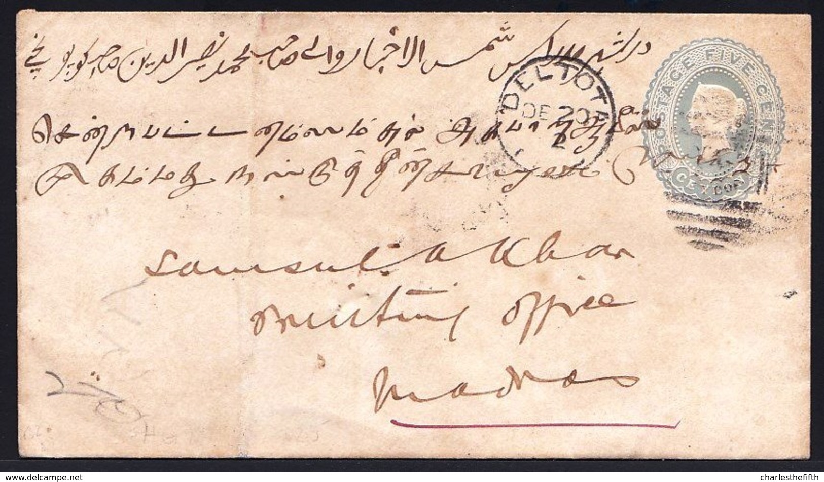 CEYLON - CEYLAN 1892 -- ENTIER 5C From DELTOTA > KANDY > TRIPLICANE > TUTICORIN > MADRAS INDIA - SEE SCANS PLEASE !!! - Ceylon (...-1947)