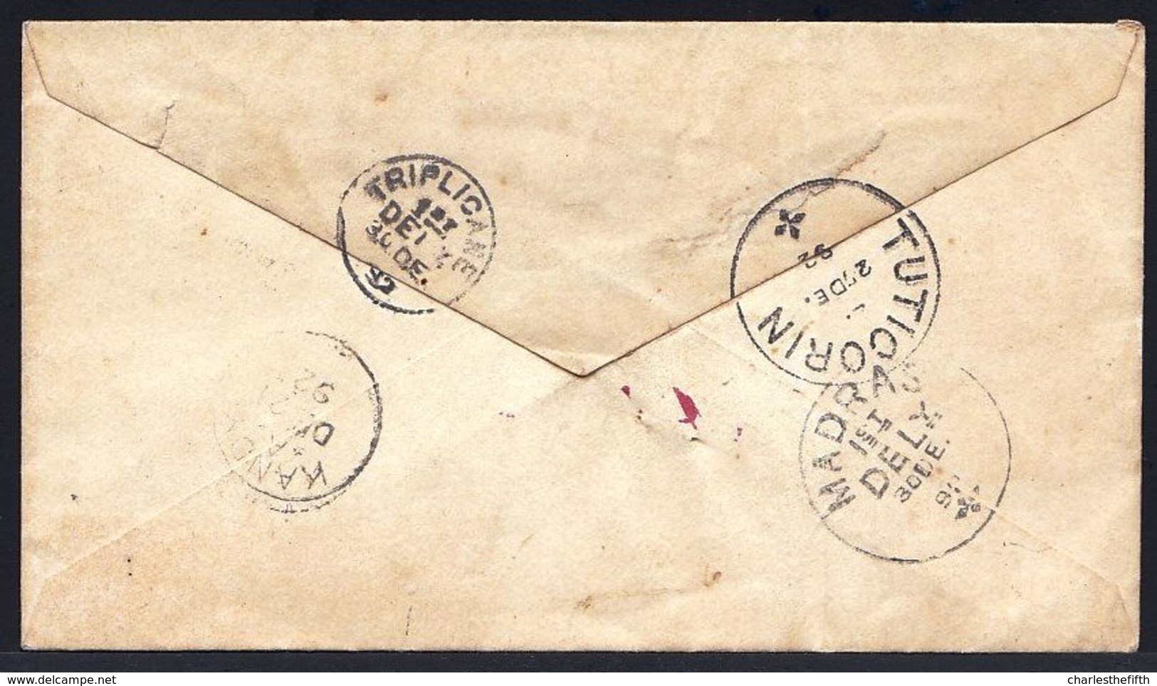 CEYLON - CEYLAN 1892 -- ENTIER 5C From DELTOTA > KANDY > TRIPLICANE > TUTICORIN > MADRAS INDIA - SEE SCANS PLEASE !!! - Ceylon (...-1947)