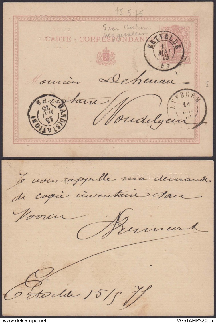 BELGIQUE EP 5C DE ERTVELDE 01/05/1875 VERS WOUDELGEM (DD) DC-4128 - Cartes Postales 1871-1909