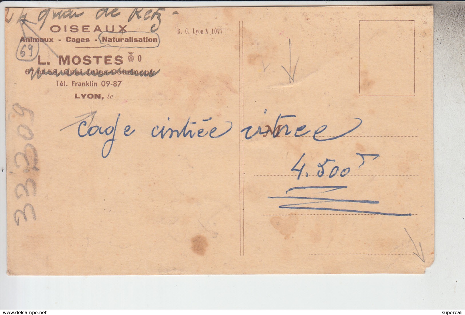 RT33.309 LYON  RHÔNE .MAGASIN L. MOSTES. OISEAUX. ANIMAUX. CAGES .NATURALISATION. - Winkels