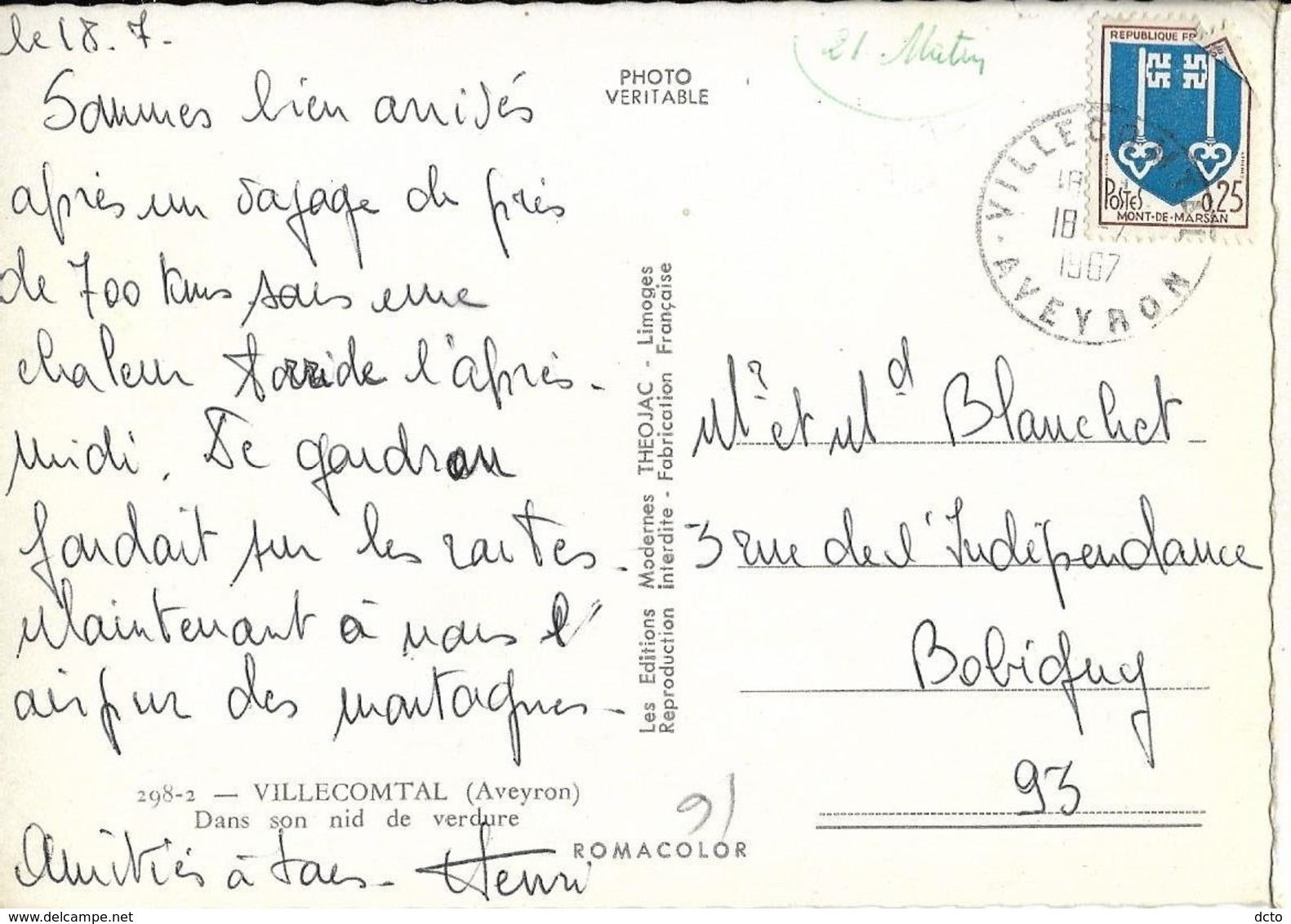 VILLECOMTAL Dans Son Nid De Verdure  Théojac 298-2, Envoi 1967, Cpsm GF - Autres & Non Classés