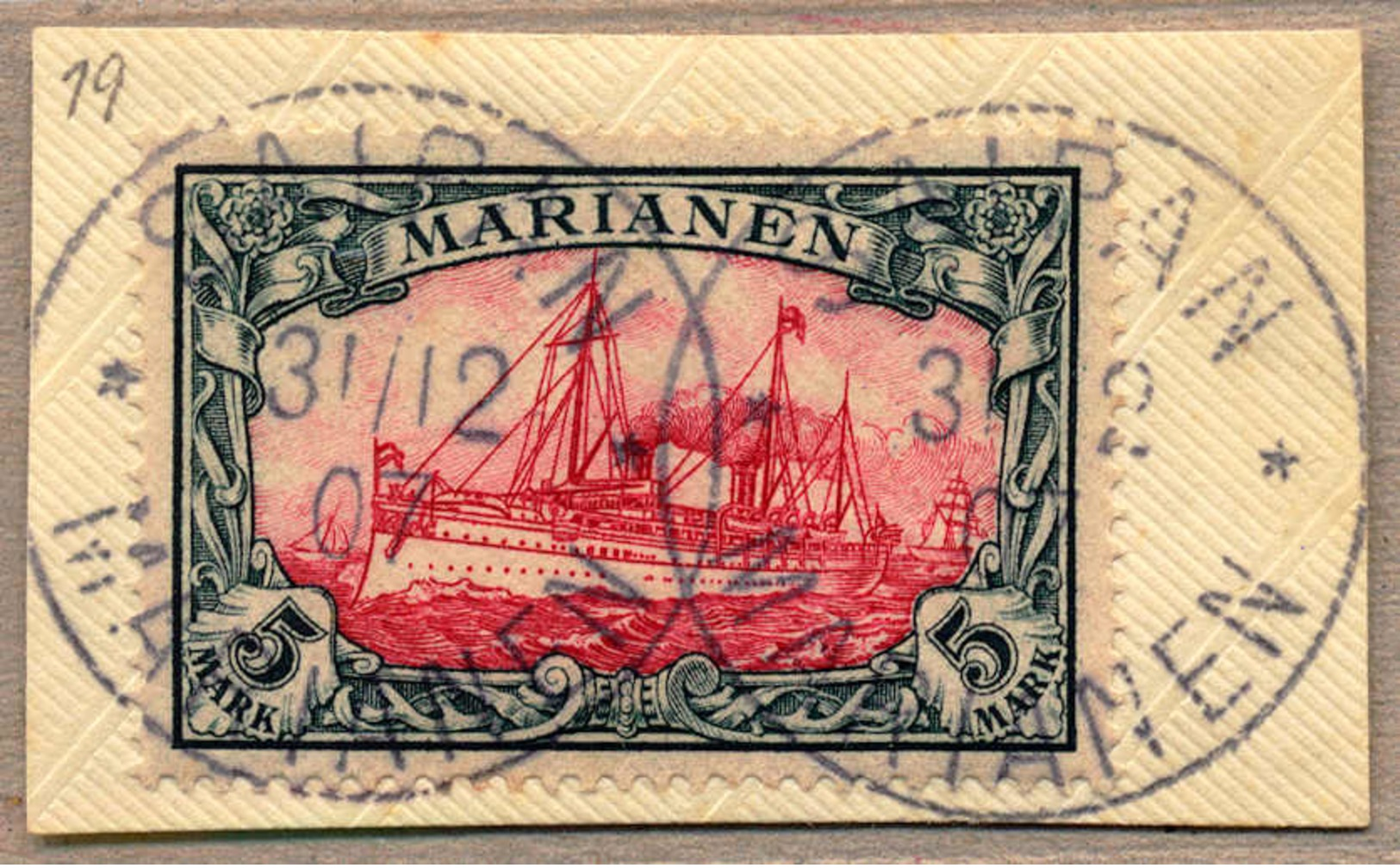 O 1901, 5 M., Grünschwarz/dunkelkarmin, Luxus Entwertungen SAIPAN, XF!. Estimate 600€. - Andere & Zonder Classificatie