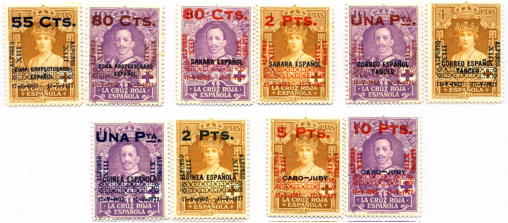 ** 1927, Set Of (10), Spanish Colonies Overprints On 1926 Red Cross Edition (SC B12,B13), MNH, VF - XF!. Estimate 400€. - Sonstige & Ohne Zuordnung