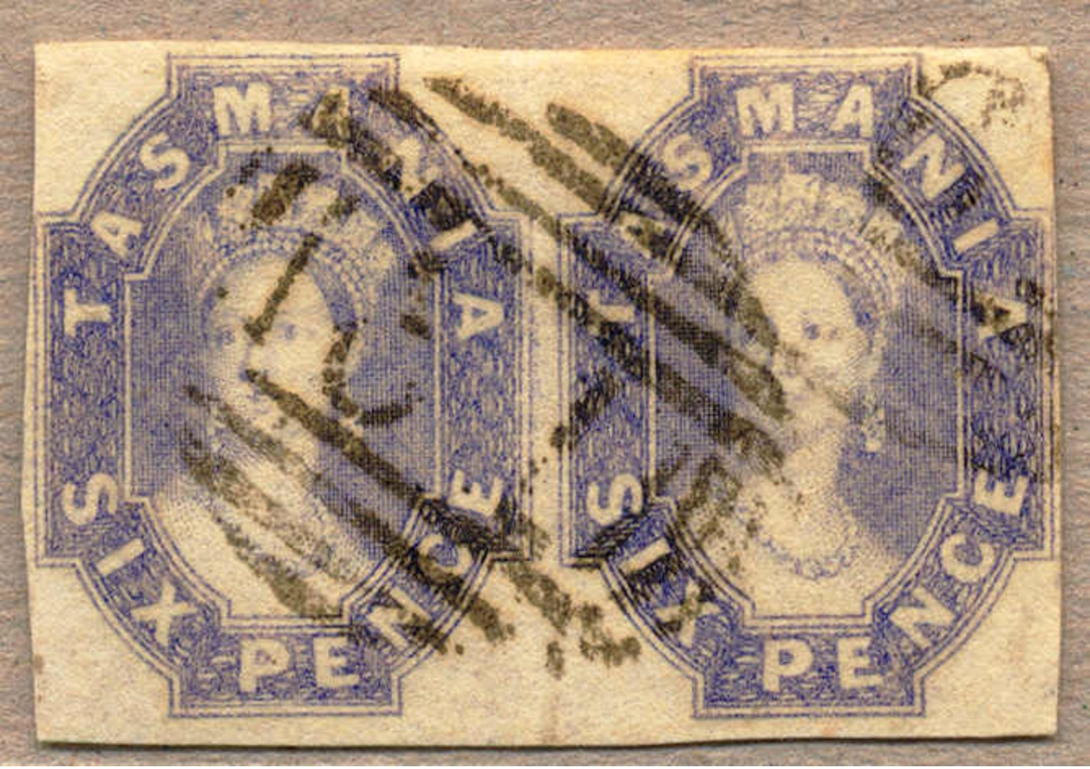 1860, 6 D., Slate Violet, Cancelled 61/HOBART, Pair With Light Crease Between The Stamps, Still Clear To Very Wide Margi - Sonstige & Ohne Zuordnung