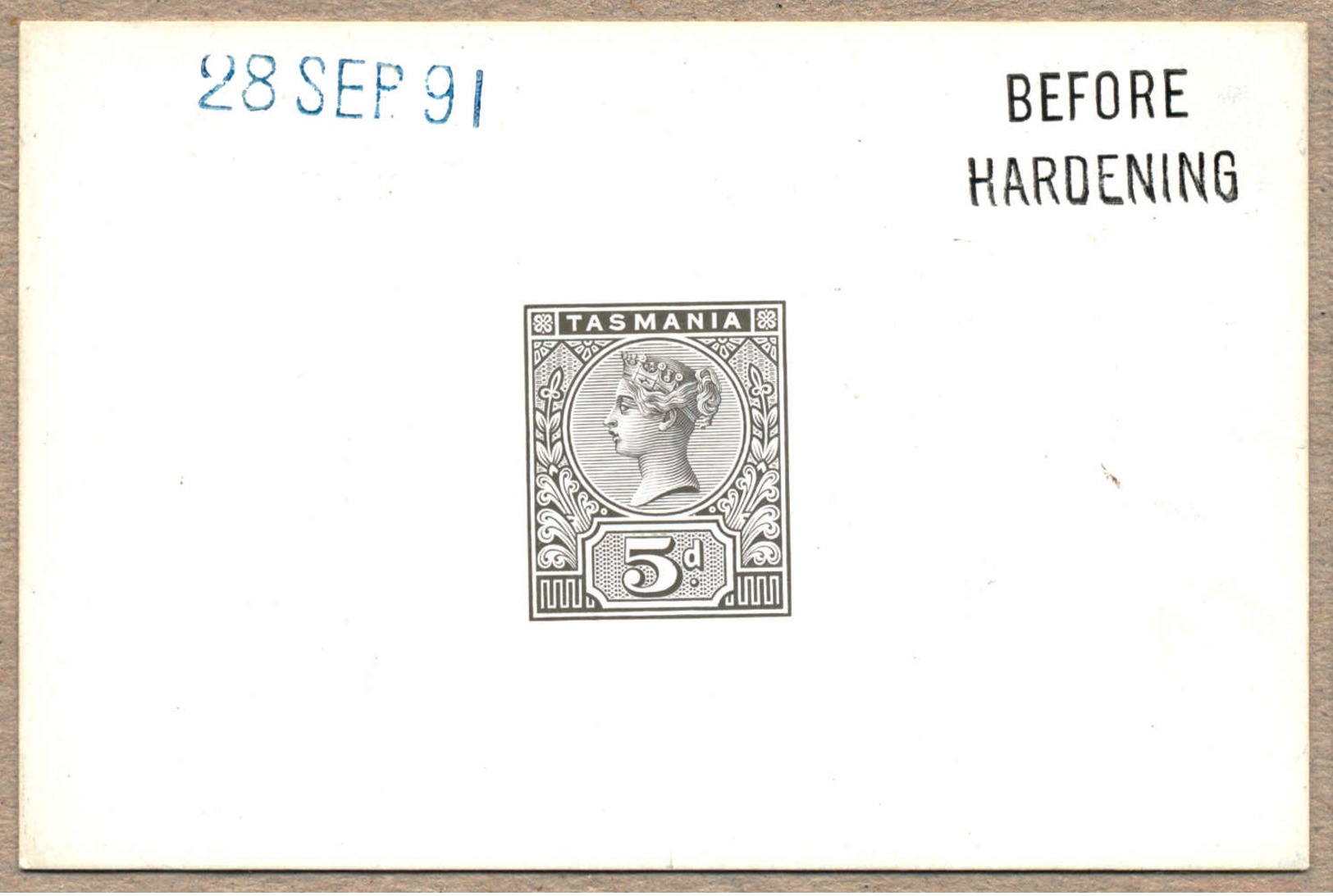 (*) 1891, 5 D., Black, Proof On Glazed Card In The Final State, Date Strike At Upper Left 28 SEP 91 In Blue And BEFORE H - Sonstige & Ohne Zuordnung