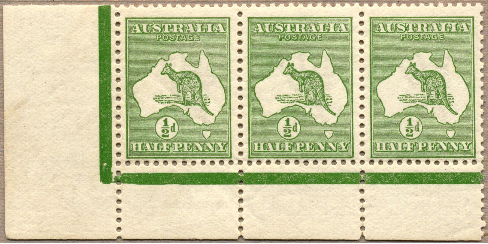 ** 1913-14, 1/2 D., Green, MNH, Horizontal Strip Of 3 From The Left Lower Corner, Plate 1, Without Monogram, A Rare Mult - Sonstige & Ohne Zuordnung