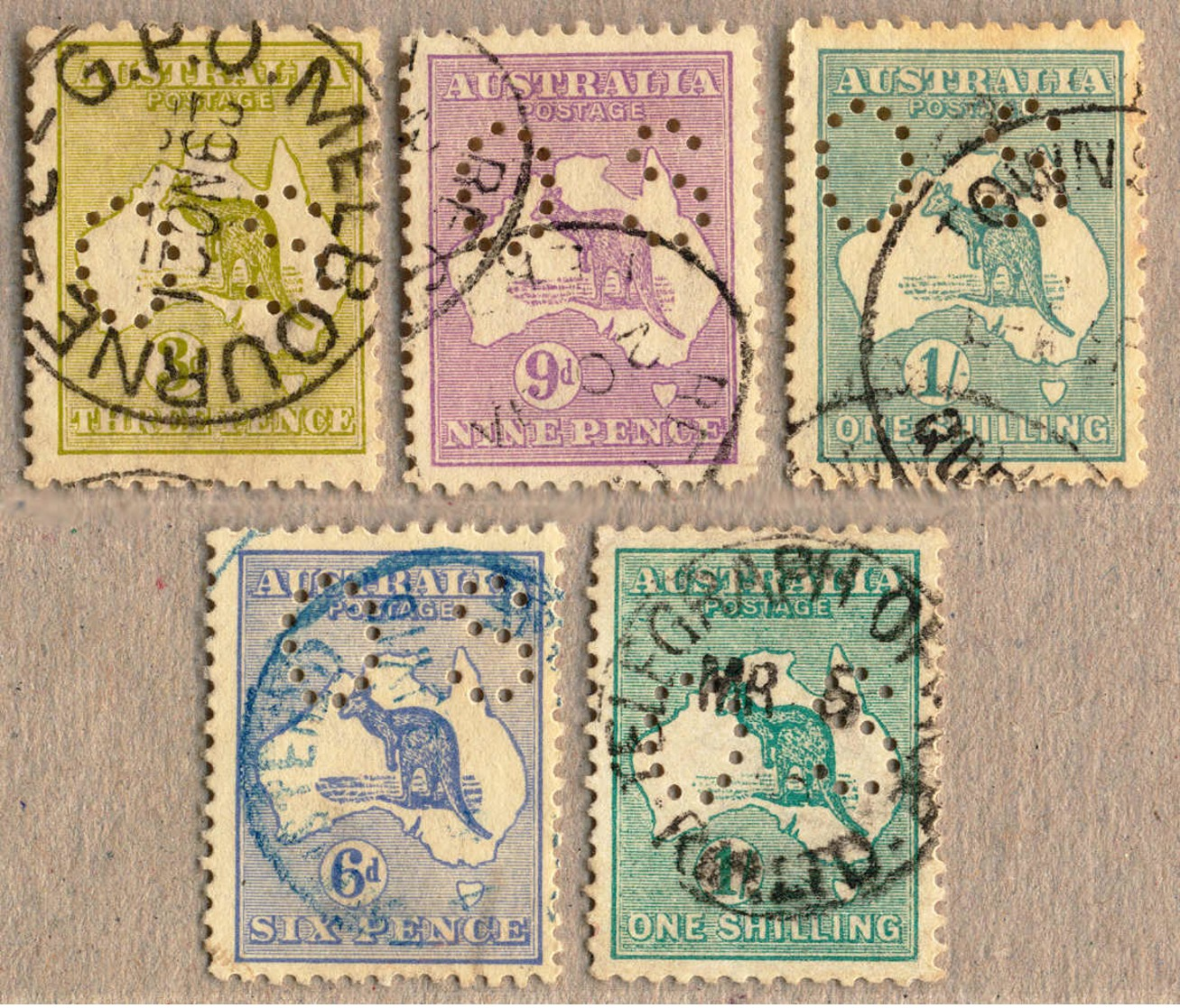 O 1914-15, 3 D. - 1 S., Official Stamps Perf. Type O2, Small Lot Of (5), All Die II, All With Cancel, 6 D. With Blue Can - Sonstige & Ohne Zuordnung