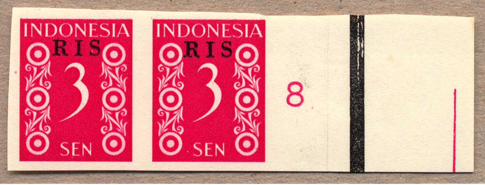 (*) 1950, 3 S., Crimson, Pair From Right Margin Side, Number 8, RIS Opt, Imperforated, NG As Produced, From The Archive  - Indonesia