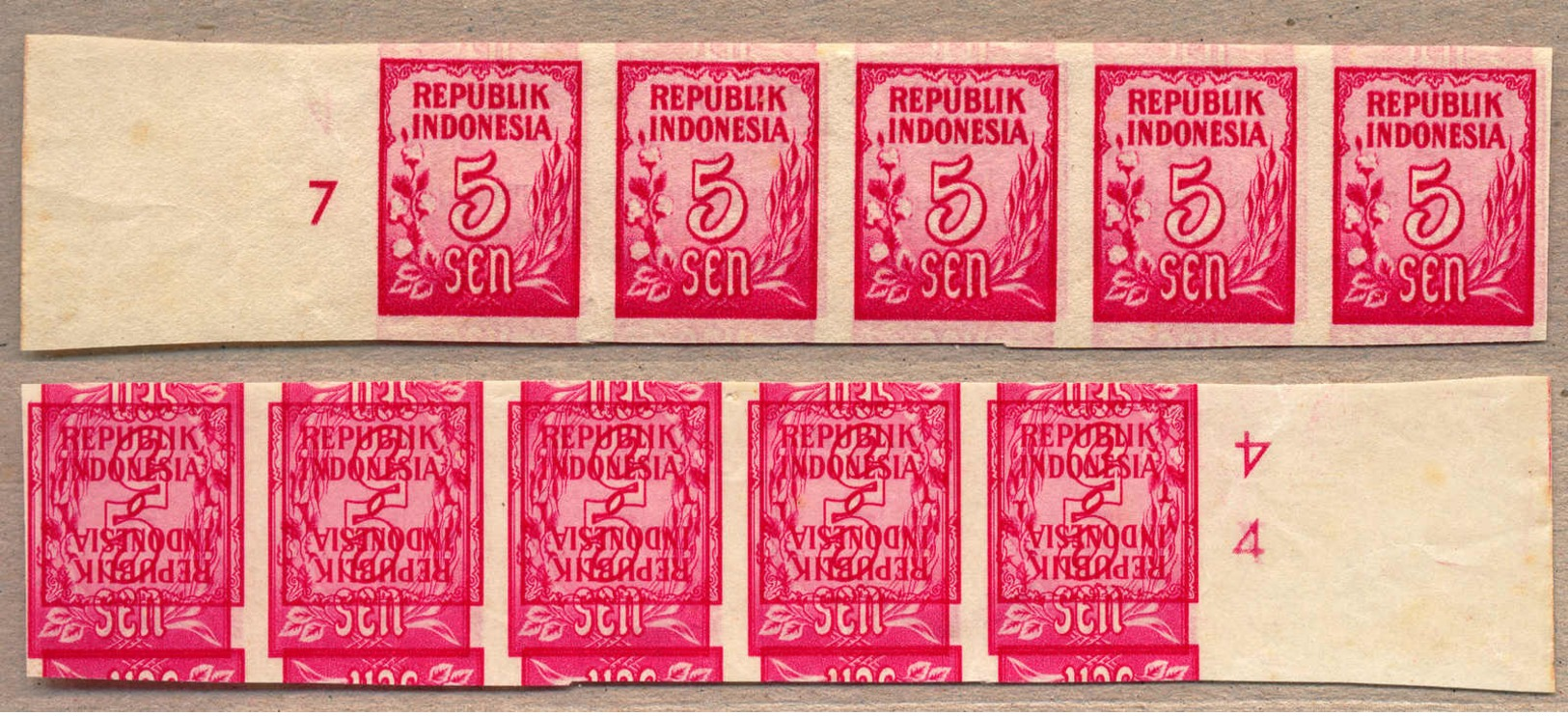 (*) 1951-55, 5 S., Carmine, Strip Of (5) From Left Margin Side, Number 7, With IMPRESSIVE Reverse Double Print Inverted  - Indonésie
