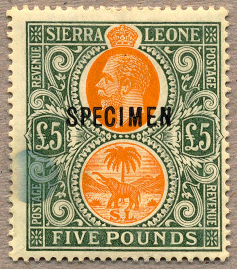 * 1912-21, £ 5, Orange And Green, MH, Opt. SPECIMEN, From The UPU Archive Of PORTUGAL, With Origin Big Spot Of Colour At - Autres & Non Classés