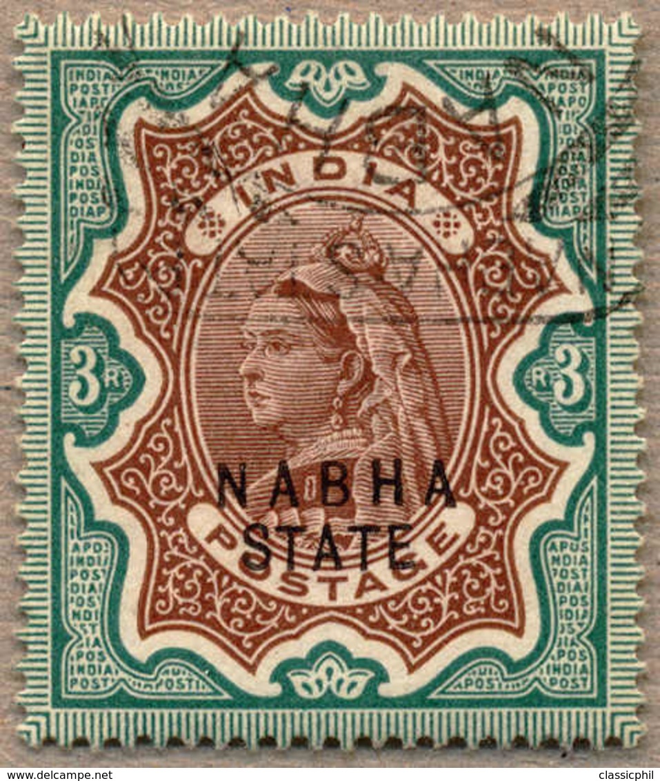 O 1885-1900, 3 R., Brown And Green, NABHA, Extremly Scarce Used, Only 576 Printed, XF!. Estimate 1.200€. - Sonstige & Ohne Zuordnung