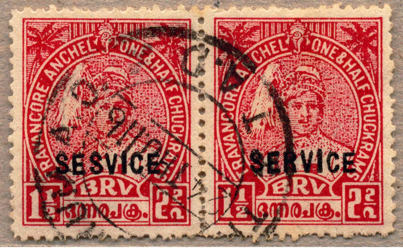 O 1939, 1 1/2 Ch., Scarlet, Used, Horizontal Pair With Opt Variety SESVICE For SERVICE, With Usual More Or Less Short Pe - Sonstige & Ohne Zuordnung