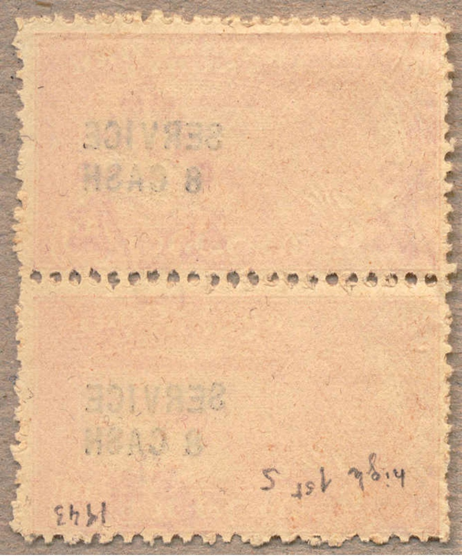 Pair/(*) 1943, 8 Ca. On 6 Ca., Scarlet, Fresh Unused, Vertical Pair With Opt Variety HIGH FIRST S Of SERVICE, Attractive - Sonstige & Ohne Zuordnung