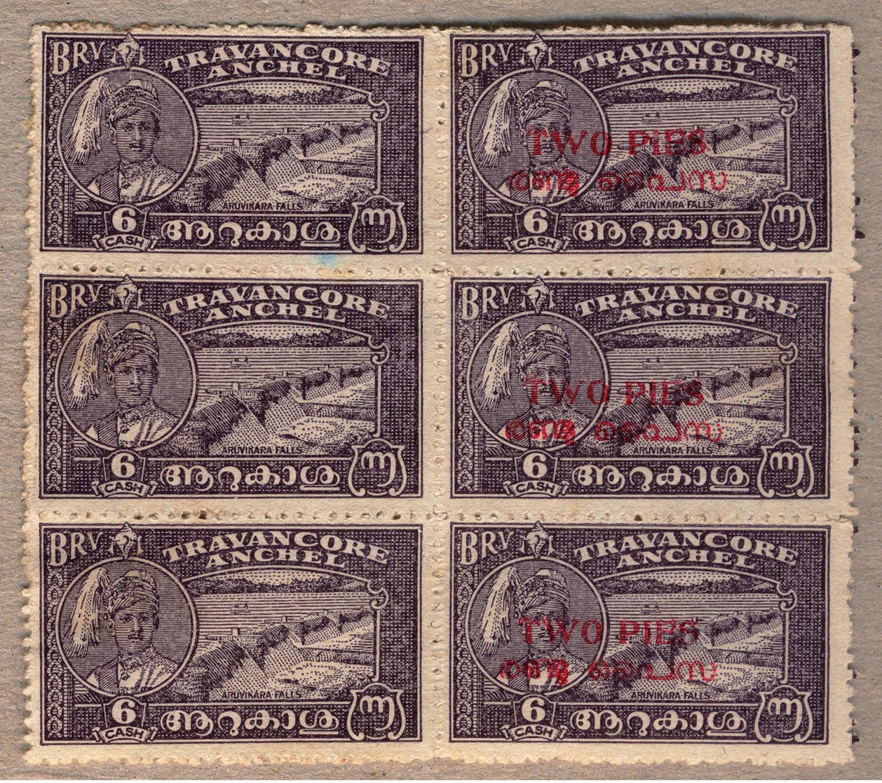 (*) 1949, 2 P. On 6 Ca., Blackish Violet With Red Opt, Fresh Unused, Block Of Six, Left Stamps With SURCHARGE OMITTED, V - Sonstige & Ohne Zuordnung