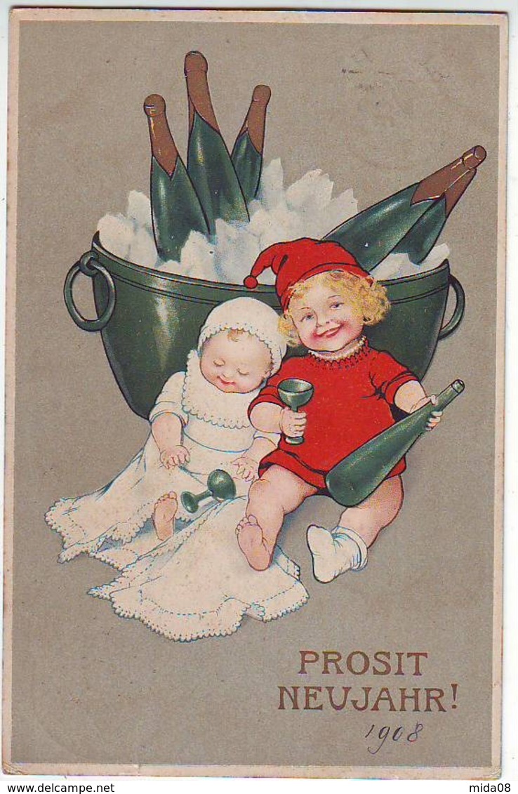 FANTAISIES . ILLUSTRATEURS . PROSIT NEUJAHR ! Enfant Et Bébé Avec Bouteilles De Vin . - Neujahr