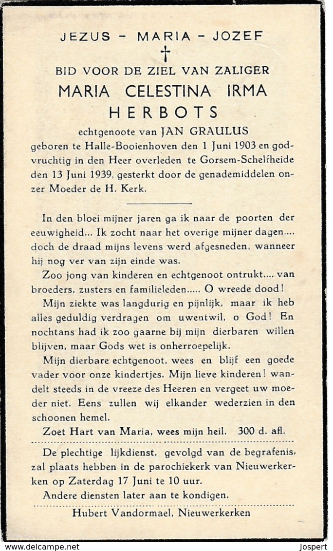 Halle-Booienhove, Gorsem-Schelfheide, 1939, Maria Herbots, Graulus - Images Religieuses