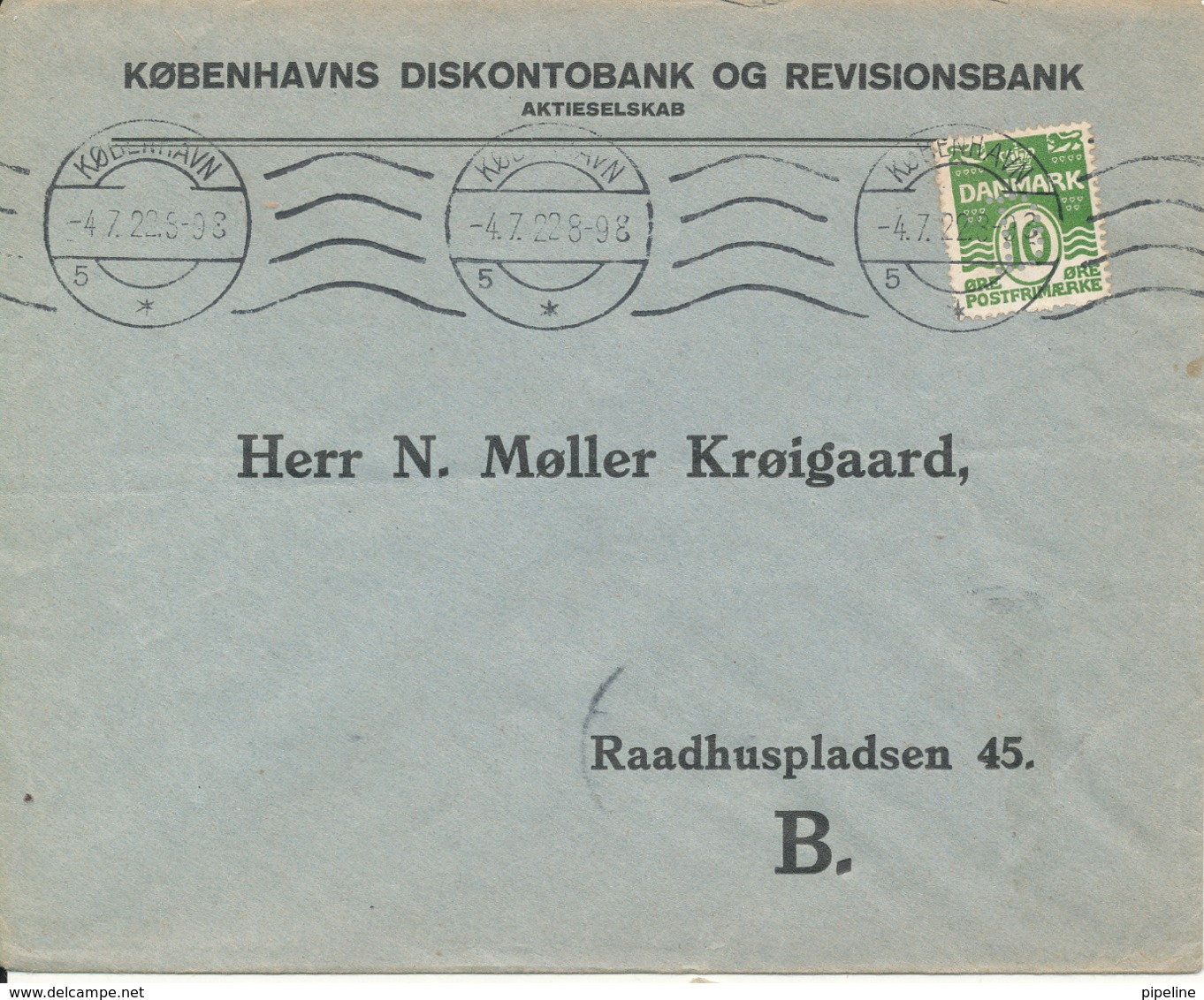 Denmark Bank Cover Copenhagen 4-7-1922 (Köbenhavns Diskontobank & Revisionsbank) Bended Cover - Covers & Documents