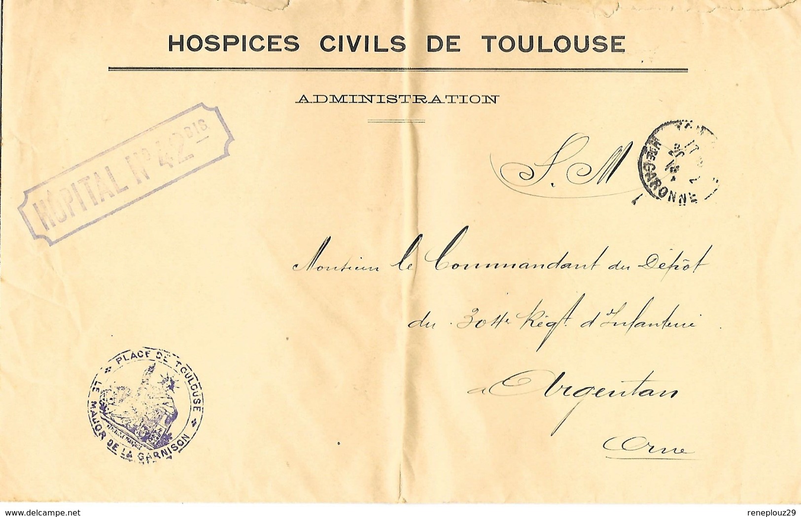 31-cachet Hôpital N°42 Bis Sur Lettre à En-tête Des Hospices Civils De Toulouse En 1914 - Guerre De 1914-18