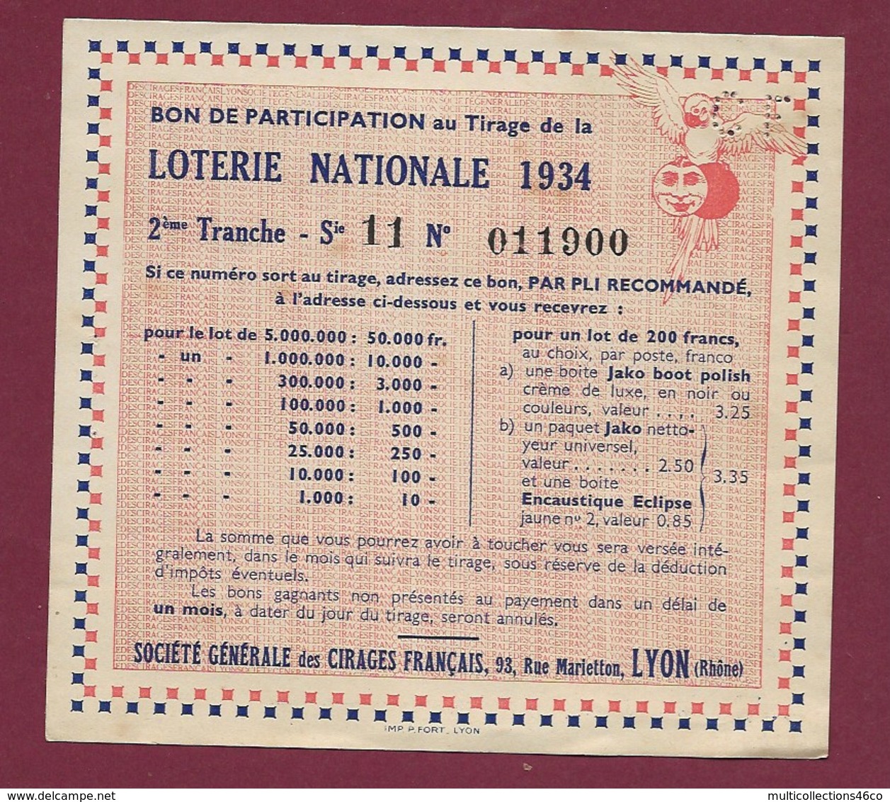 220919 - BILLET LOTERIE NATIONALE 1934 2ème Tranche Sie 11 CIRAGE FRANCAIS Rue Marietton LYON Lune Ara - Billetes De Lotería