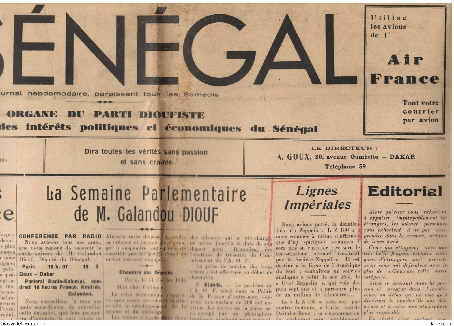Le Sénégal - 4 N° 1935 - Organe Du Parti Dioufiste - Conseil Municipal Dakar - Nombreuses Publicités- Hebdo Grand Format - Autres & Non Classés