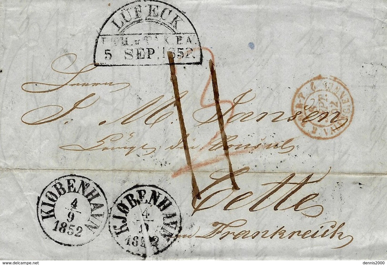 1852- Letter From Copenhagen To Cette ( France ) Transit Lubeck Rating 11 D. ( French Way ) - ...-1851 Prefilatelia