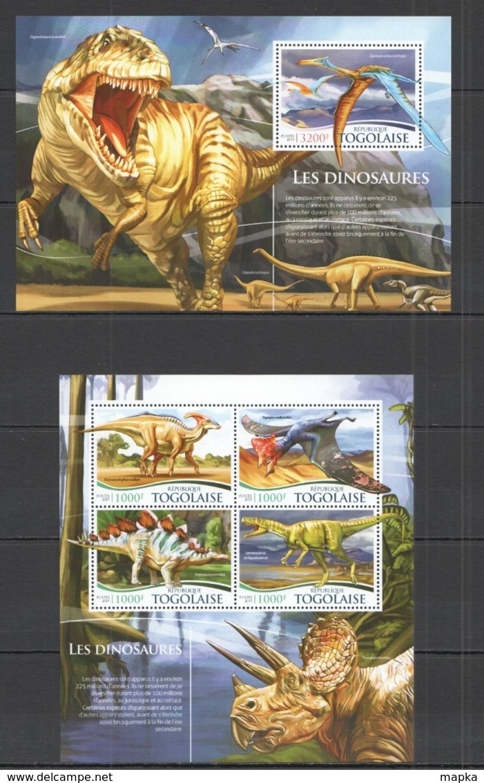 TG081 2015 TOGO TOGOLAISE FAUNA REPTILES PREHISTORIC ANIMALS DINOSAURS KB+BL MNH - Préhistoriques