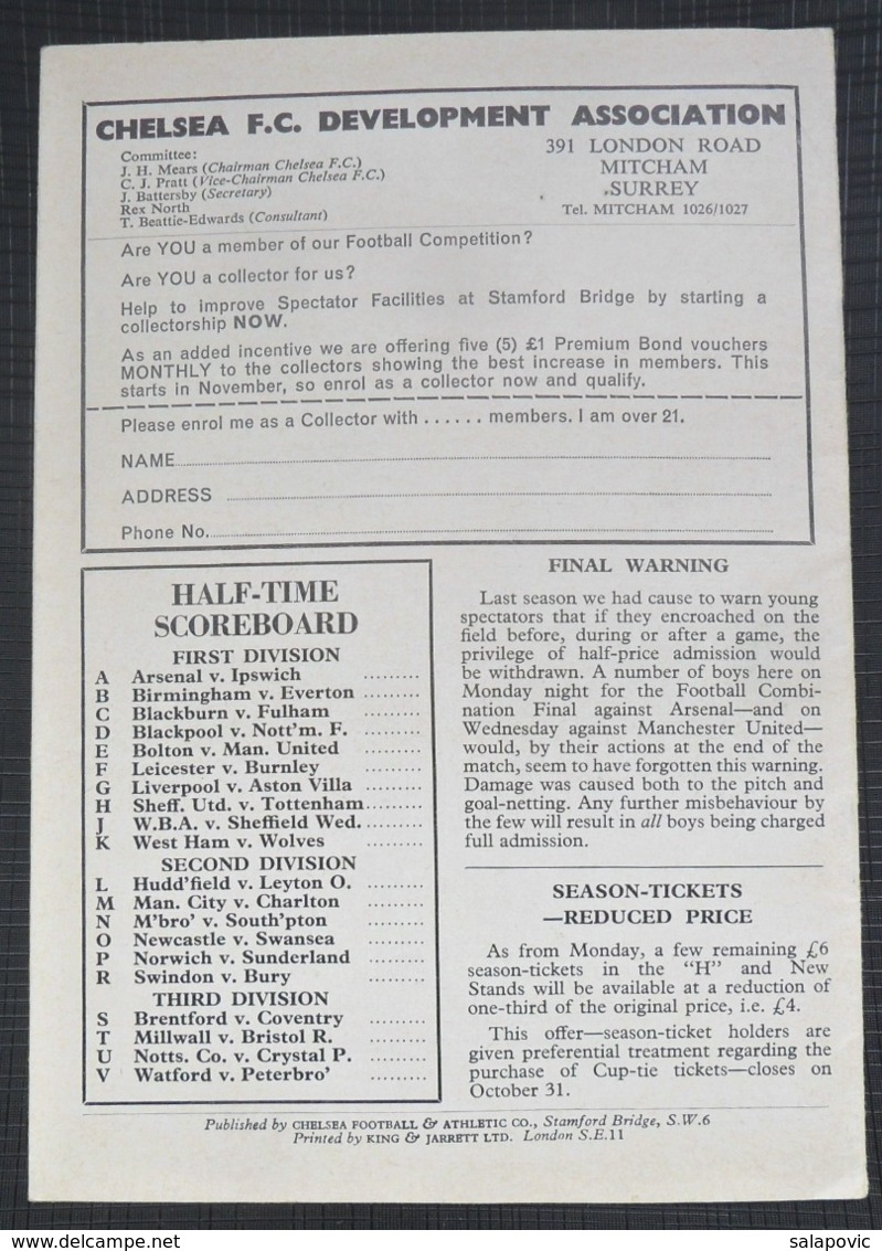 Official football match programme  CHELSEA V STOKE CITY 1963/64