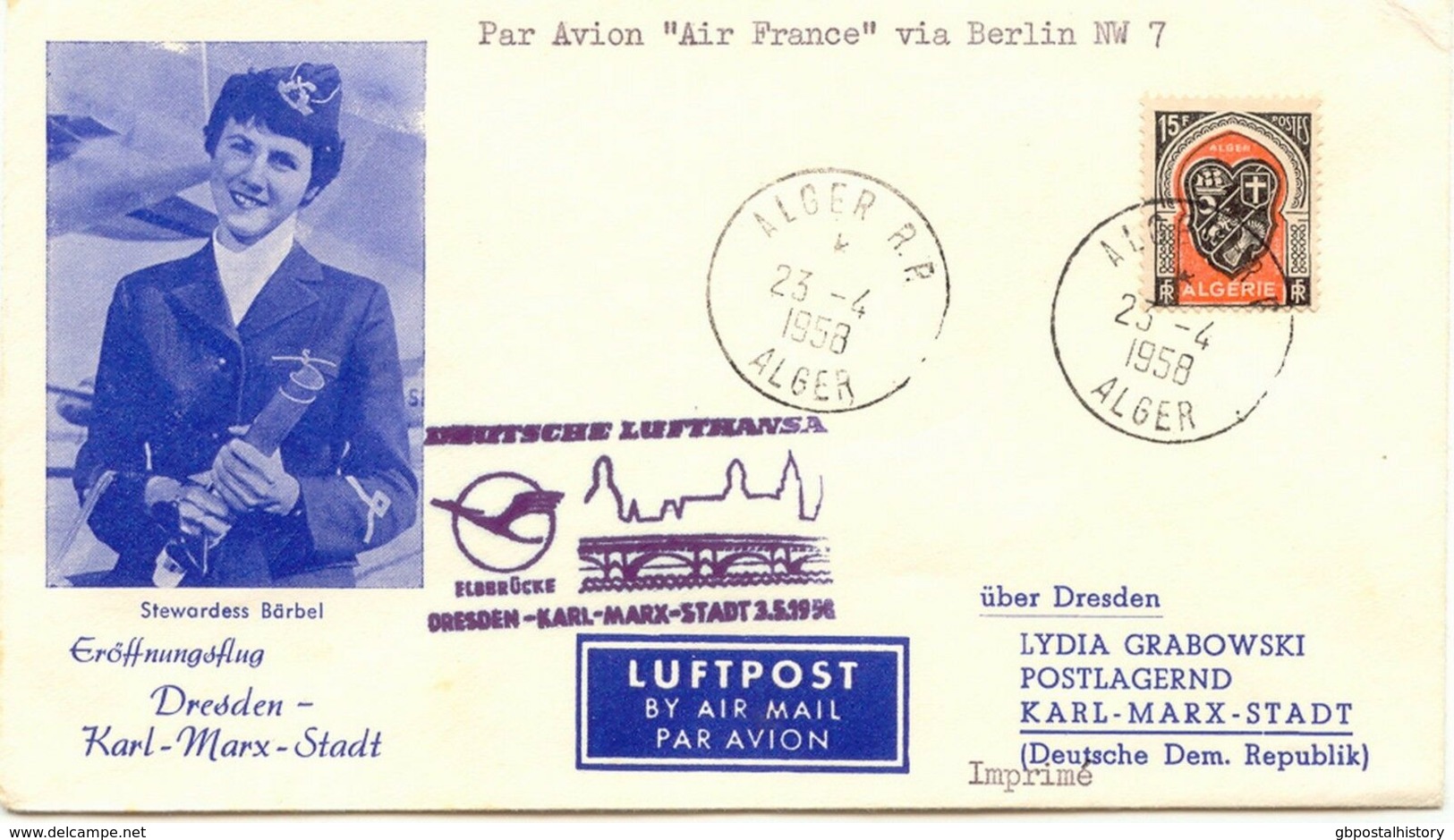ALGERIEN 1958 Zuleitung M AIR FRANCE Aus ALGER Erstflug DRESDEN-KARL-MARX-STADT - Poste Aérienne