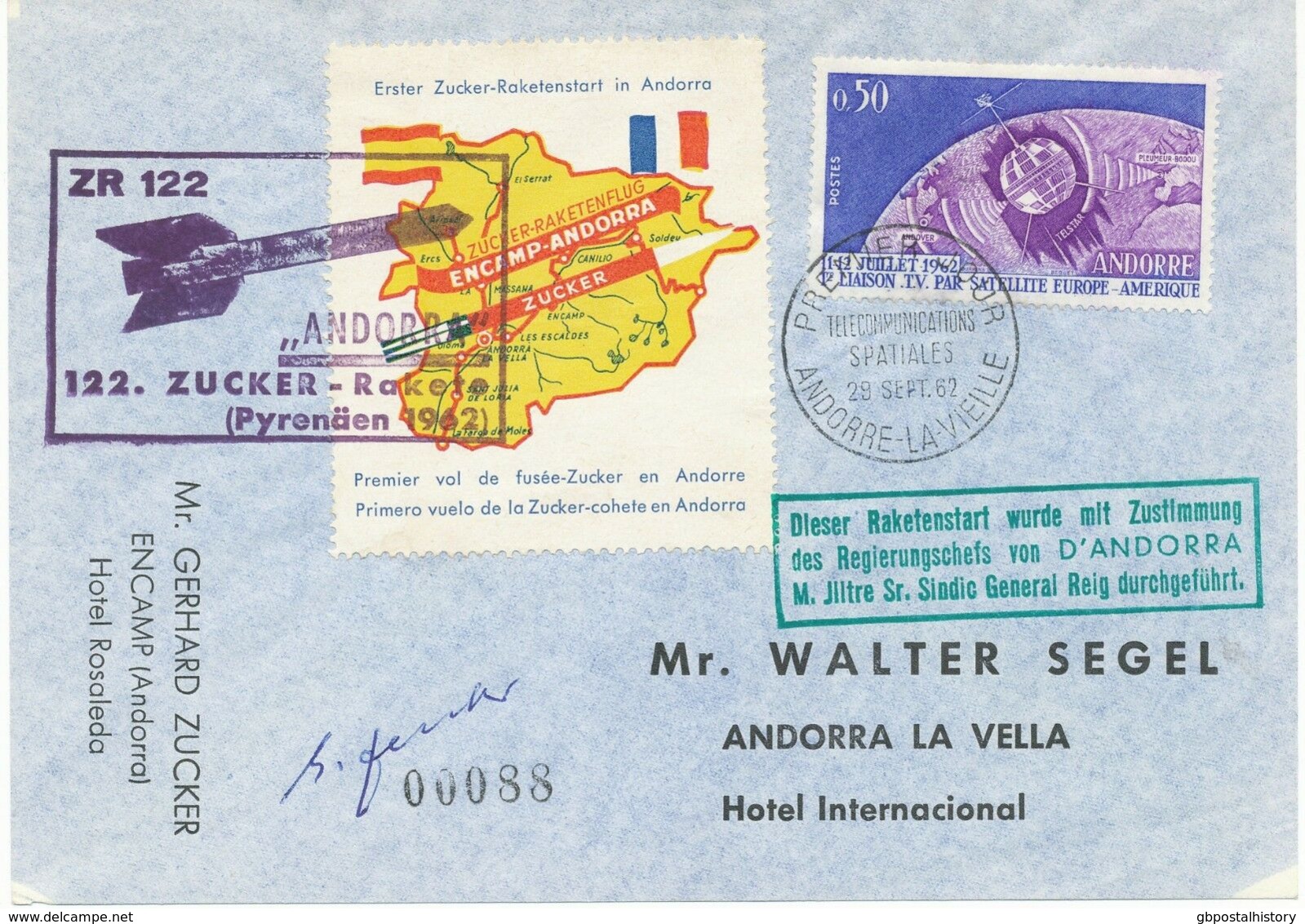 FRANZÖSISCH ANDORRA 1962 ZR 122 "ANDORRA" 122. Zucker-Rakete, Kab.-Raketenbrief - Airmail