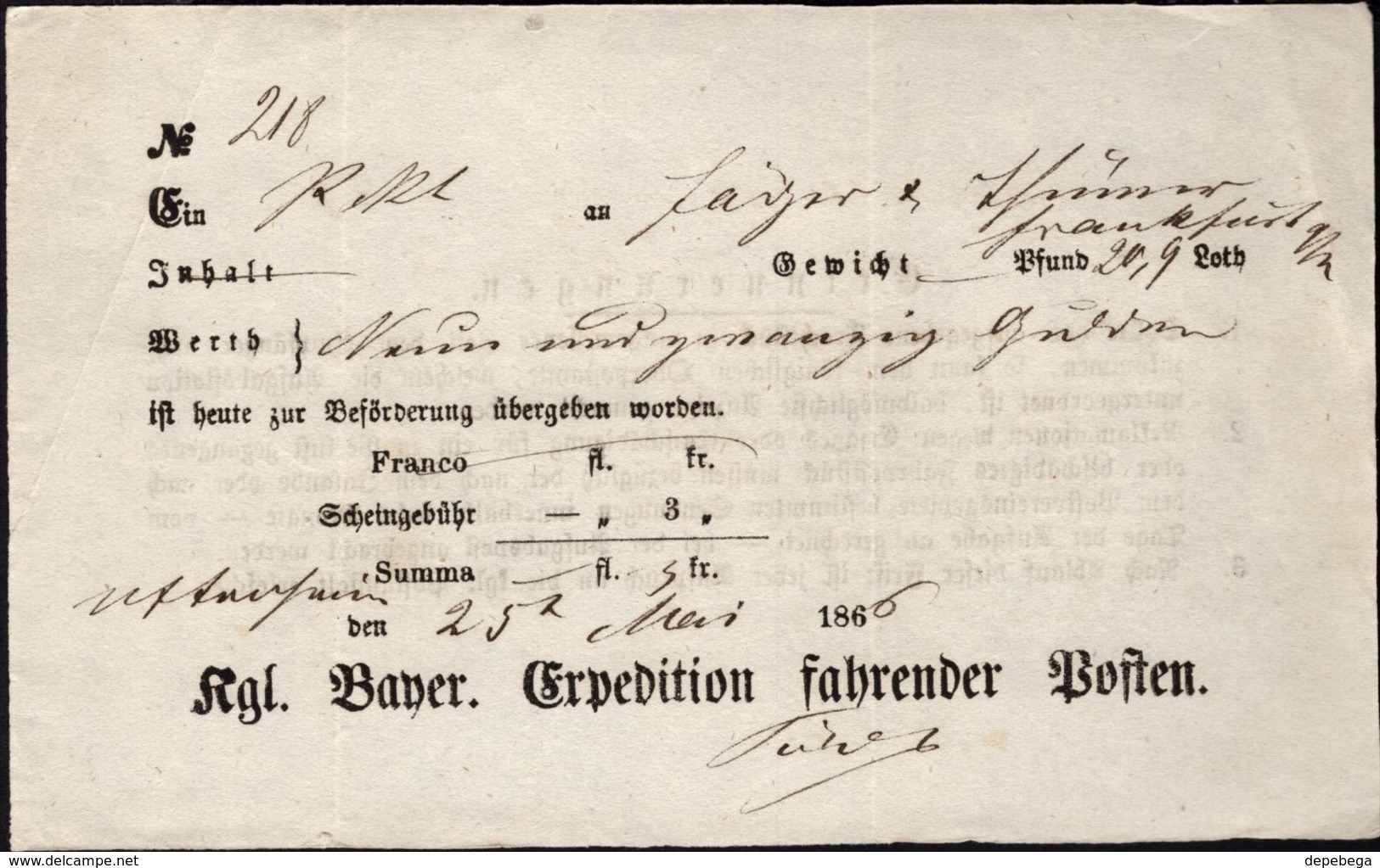 Germany - Bavaria, Königlich Bayerische Expedition Fahrender Posten, To Frankfurt 25.5.1866. - Andere & Zonder Classificatie