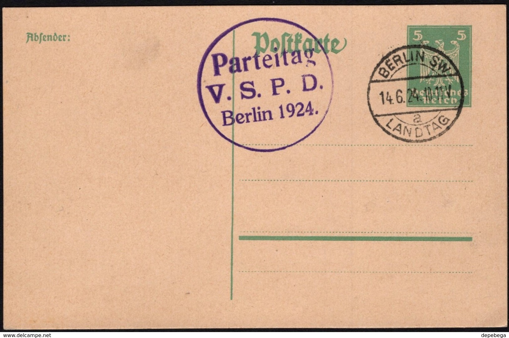 Germany - DR Ganzsache (Mi. P 156-I) PARTEITAG V.S.P.D. BERLIN 1924 & Berlin 14.6.1924 LANDTAG. - Other & Unclassified