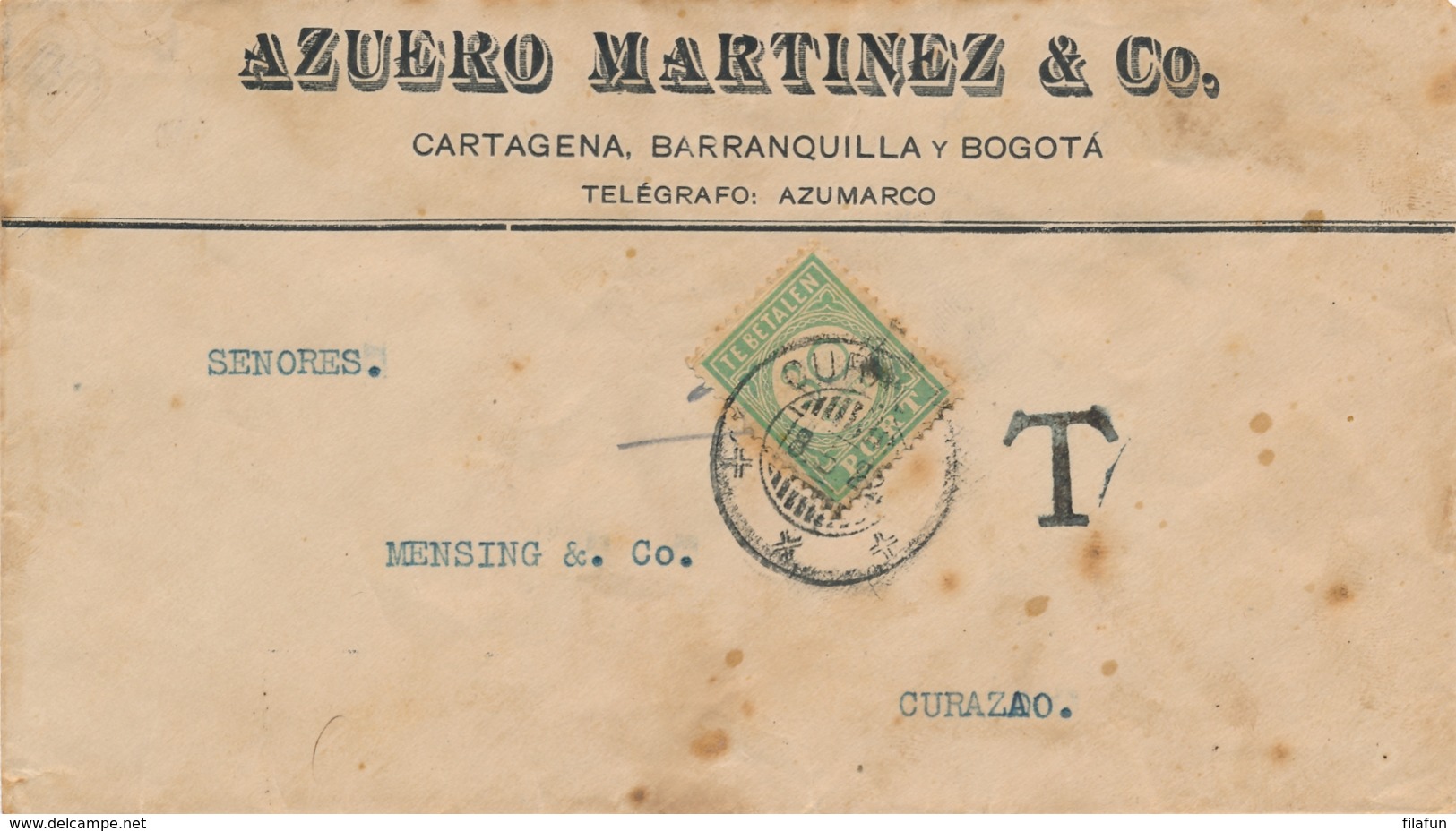 Colombia / Curacao - 1922 - 30 Cent Port P28 Enkelfrankering Op Taxed Businesscover Van Bogota Naar Curacao - Curazao, Antillas Holandesas, Aruba