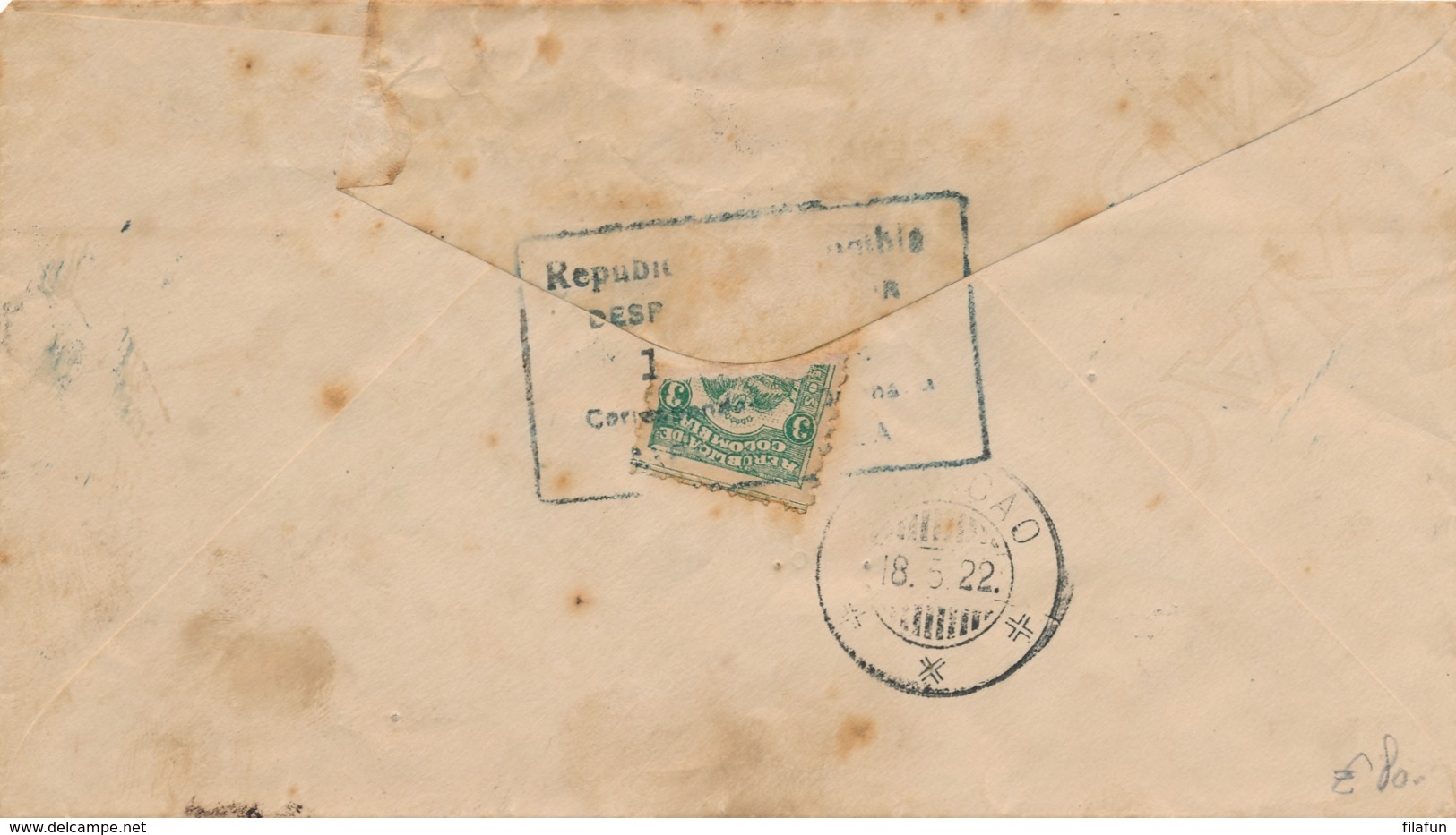 Colombia / Curacao - 1922 - 30 Cent Port P28 Enkelfrankering Op Taxed Businesscover Van Bogota Naar Curacao - Niederländische Antillen, Curaçao, Aruba