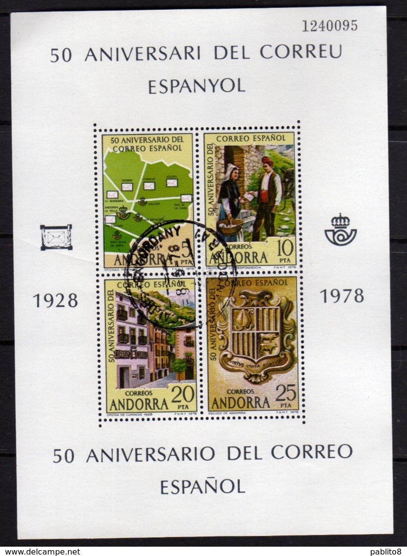 ANDORRA ANDORRE SPANISH SPAGNOLA 1978 POST 50 ANNIVERSARY POSTA SPAGNOLE BLOCK SHEET BLOCCO FOGLIETTO BLOC FEUILLET FDC - Usati