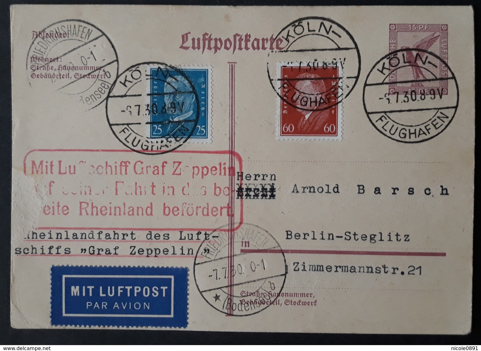 DR-Zeppelinpost, Ganzsache P169a - Luftschiff Graf Zeppelin, Rheinlandfahrt - Nach Sieger 72i Mit Ankuntfsstempel (1019) - Other & Unclassified