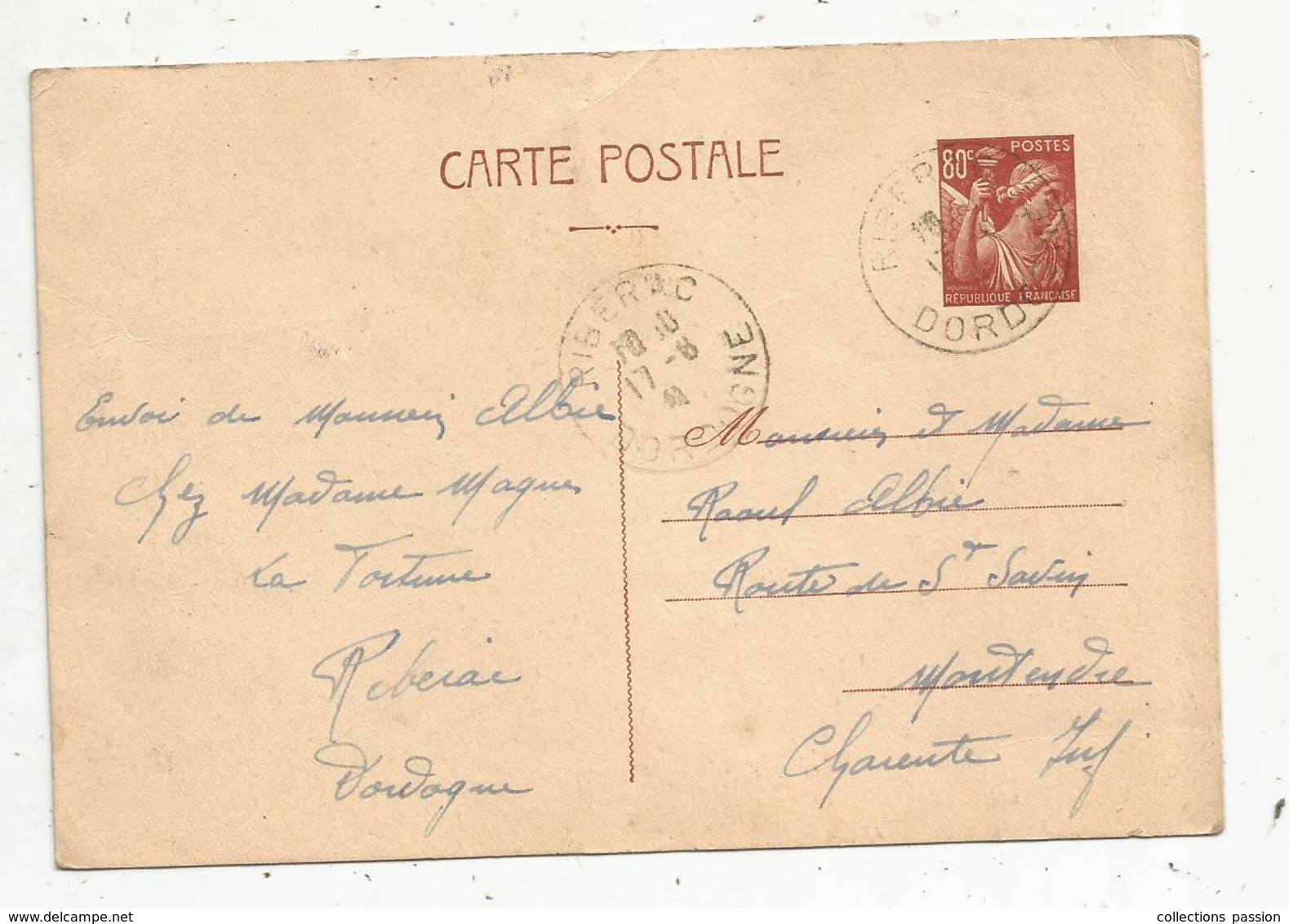 ENTIER POSTAL , 1941 ,  RIBERAC ,  DORDOGNE ,2 Scans - Postales  Transplantadas (antes 1995)