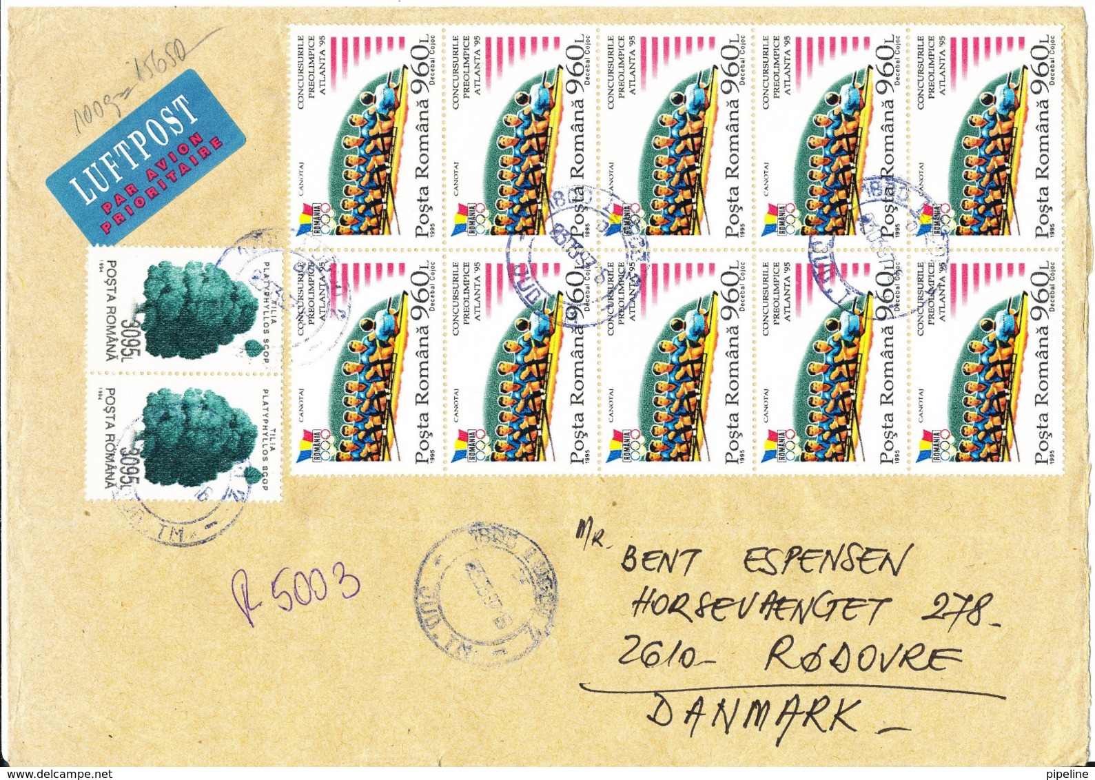 Romania Registered Cover Sent To Denmark 3-3-1997 Topic Stamps (big Size Cover) - Covers & Documents